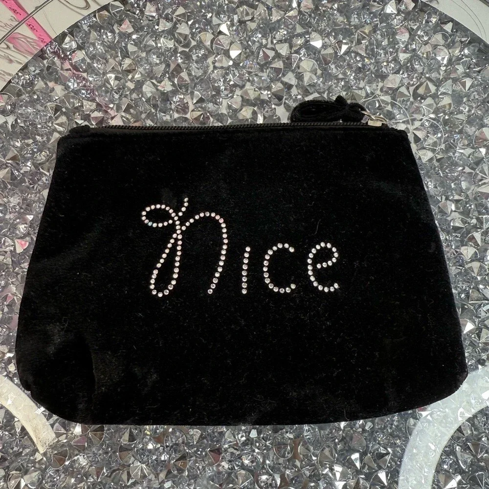 Bag makeup zip up velour Black 'Naughty' Nice crystal Rhinestone Velvet Pouch